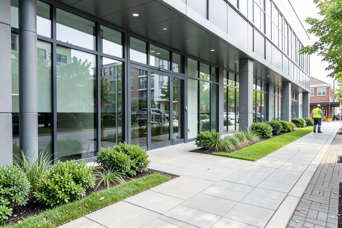 Clean commercial storefront exterior with maintained landscaping